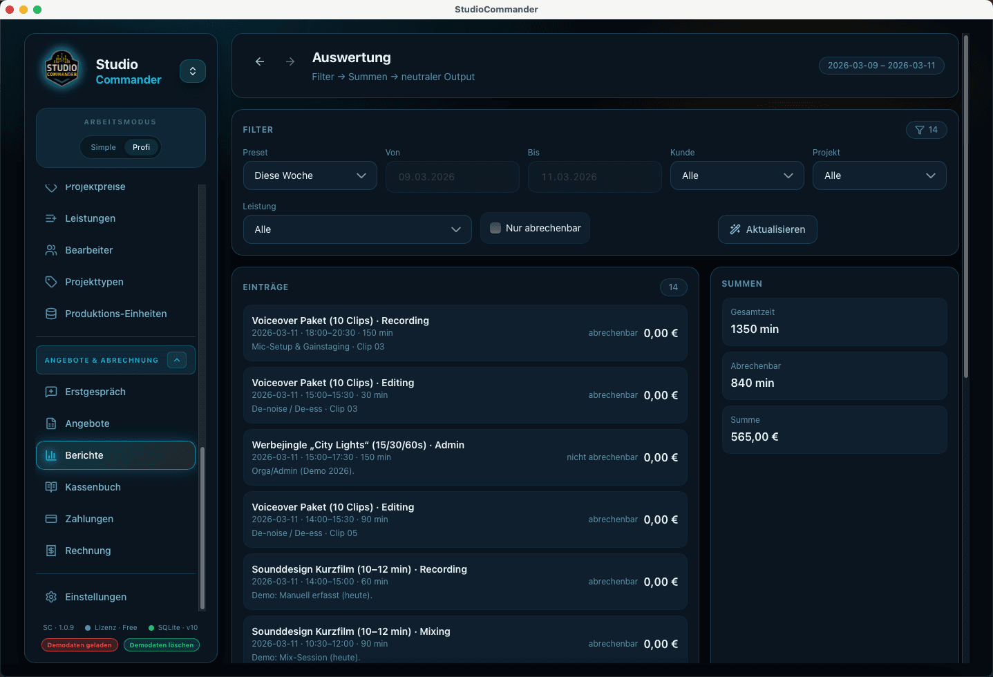 Berichte in StudioCommander