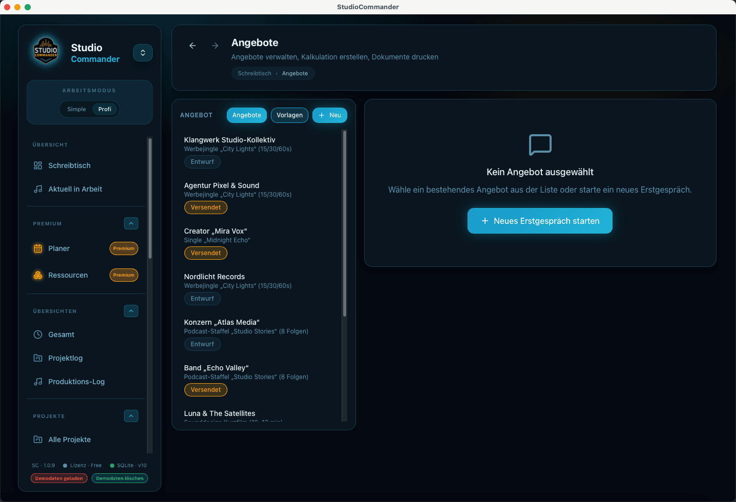 Angebotsliste in StudioCommander