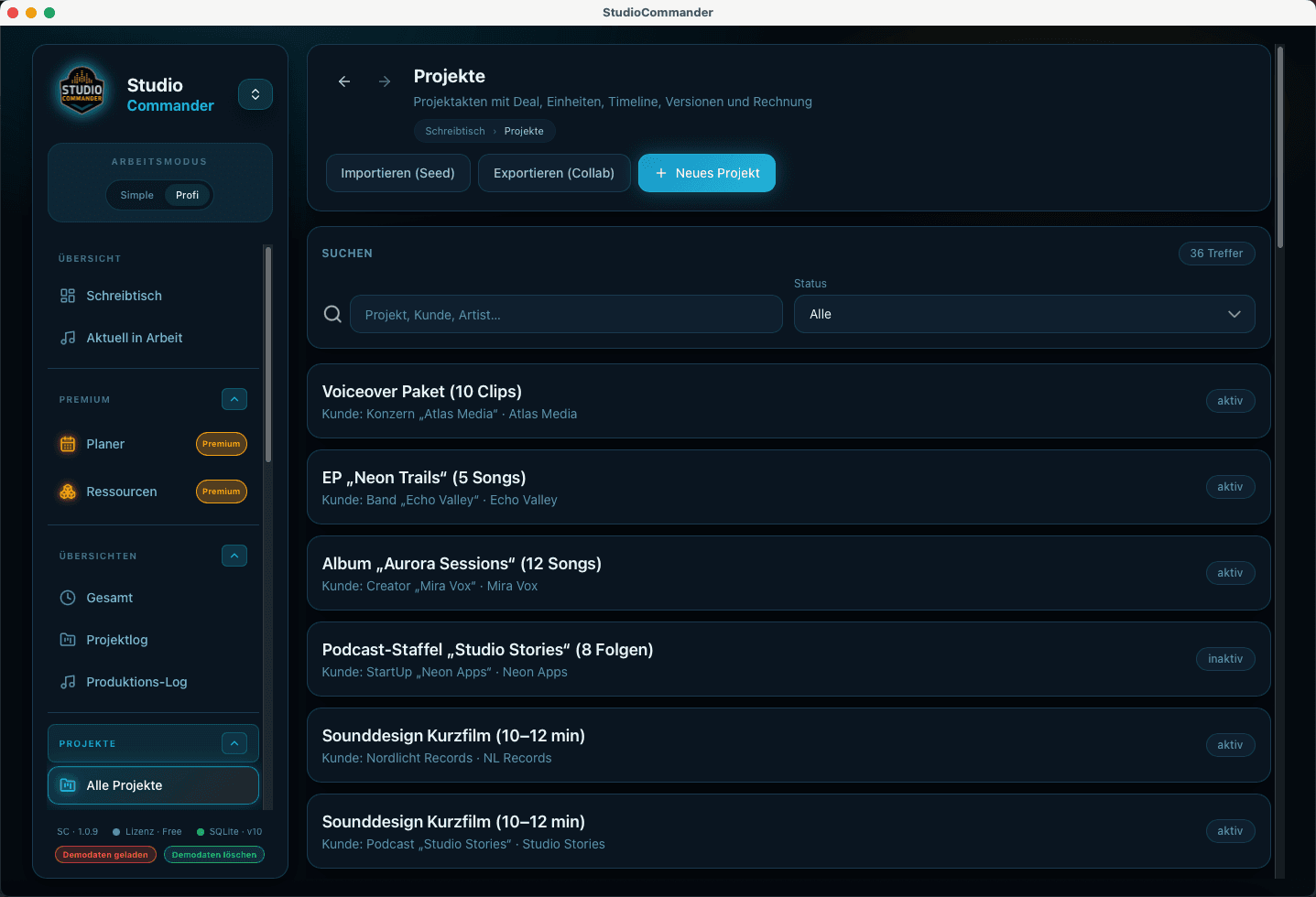 Alle Projekte in StudioCommander