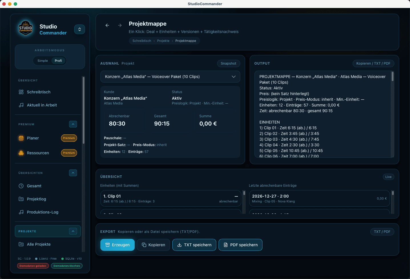 Projektmappe in StudioCommander