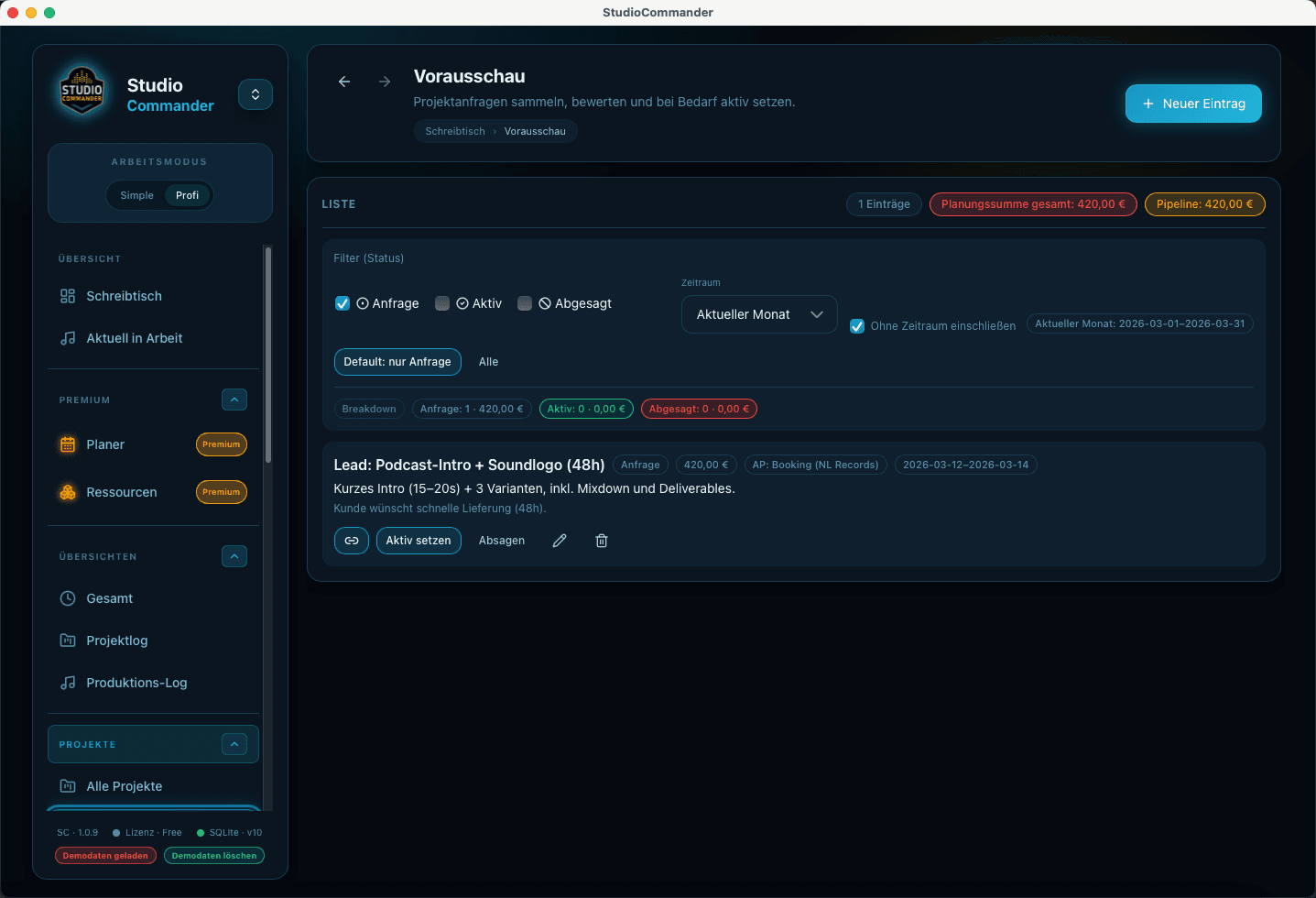 Vorausschau in StudioCommander
