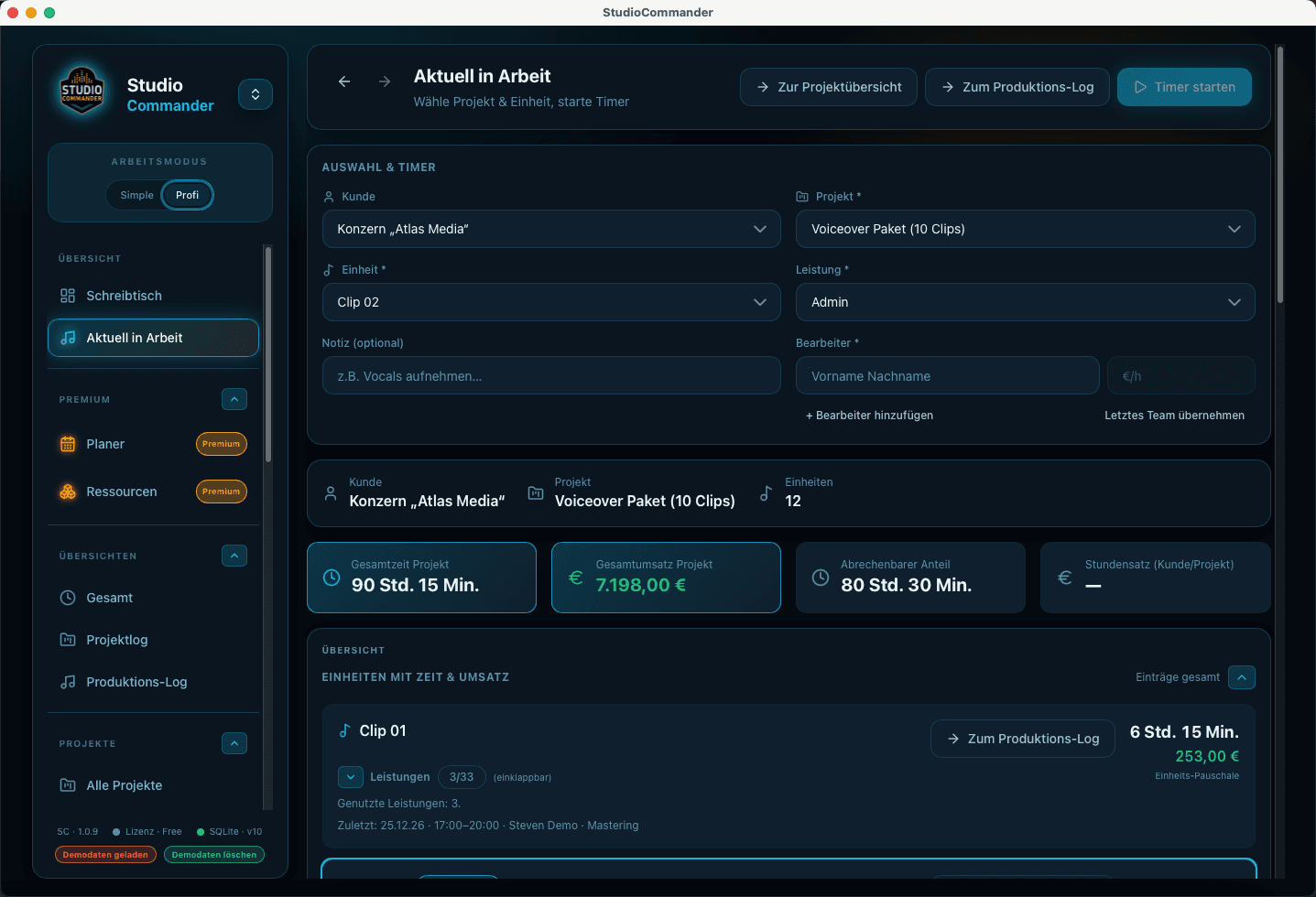 Aktuell in Arbeit in StudioCommander