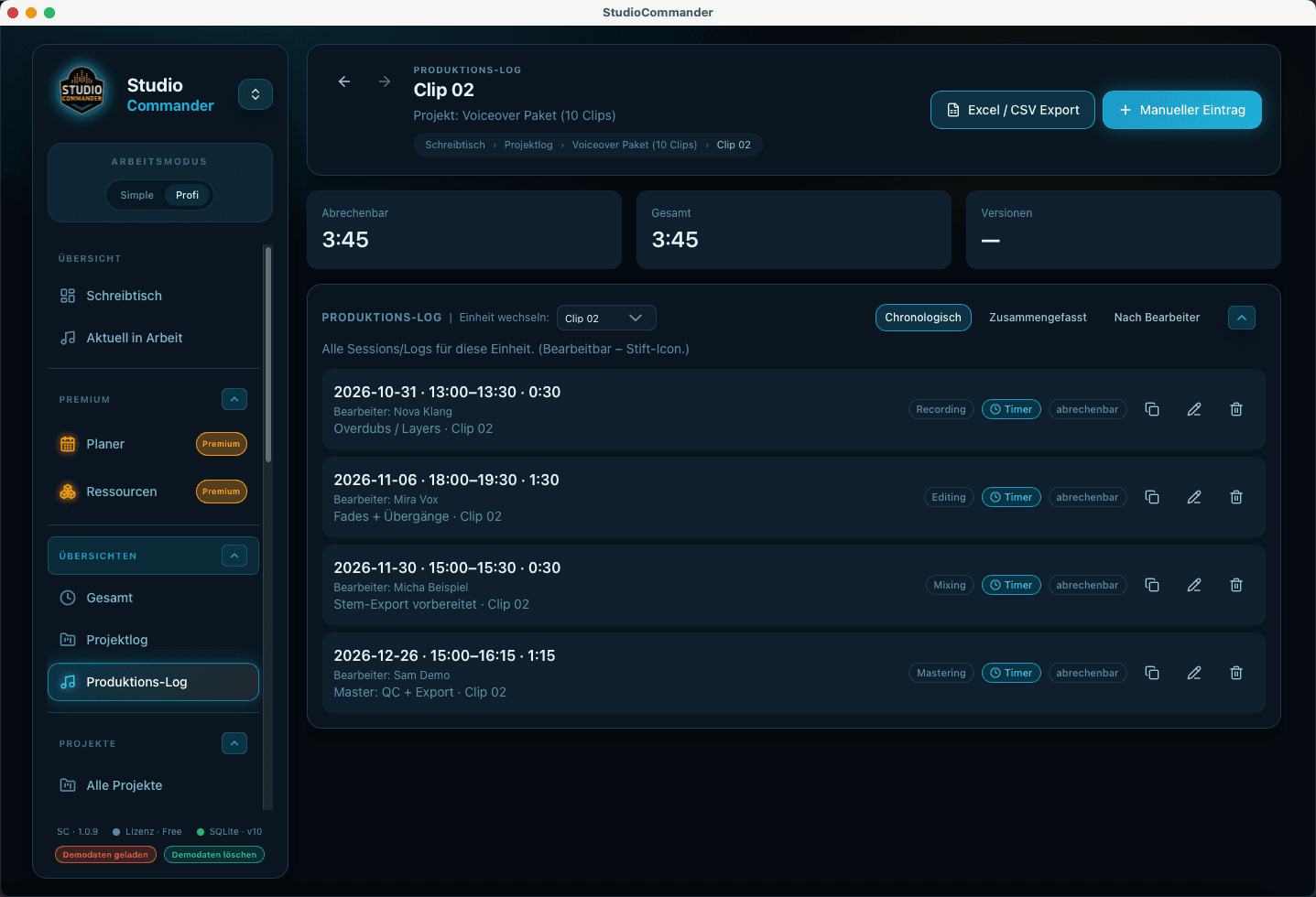 Produktions-Log in StudioCommander
