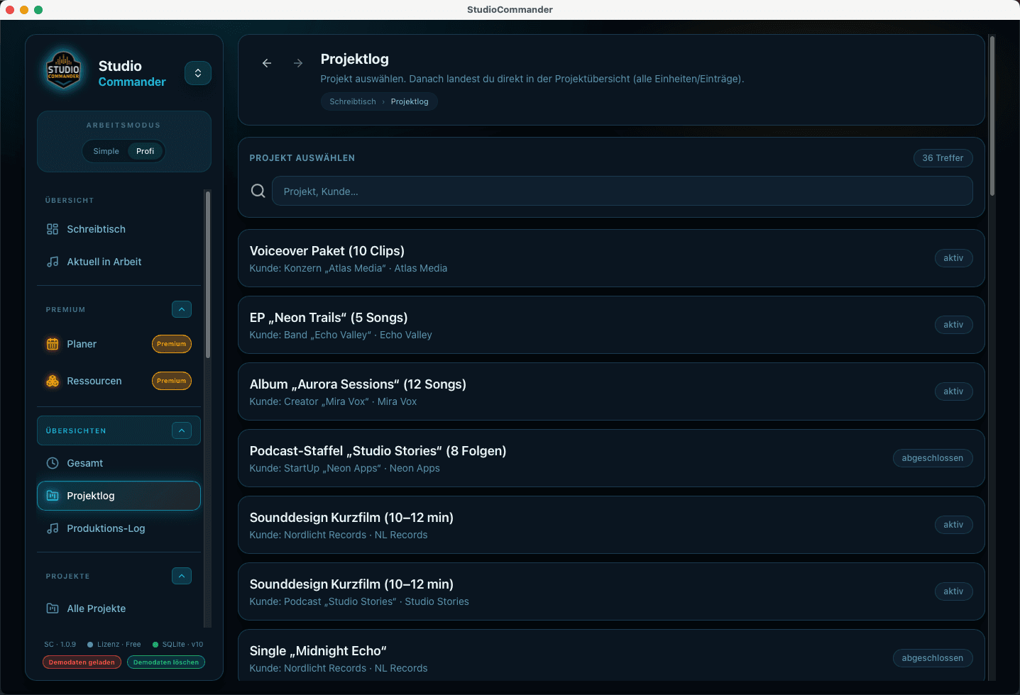 Projektlog in StudioCommander